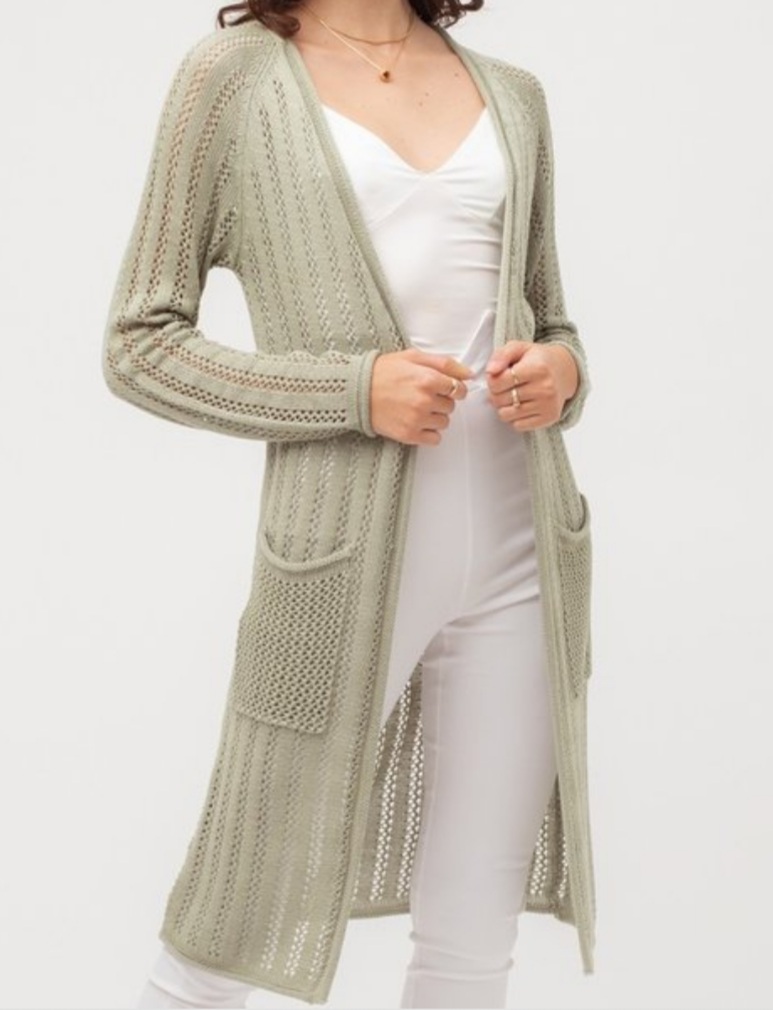Textured Long Cardigan with Pockets - (Moss)